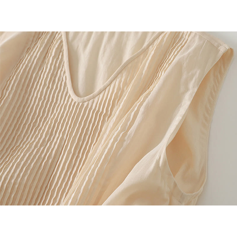 Buddha Stones無地アコーディオンデザイン ノースリーブ コットン ミディドレス ポケット付き - image 12