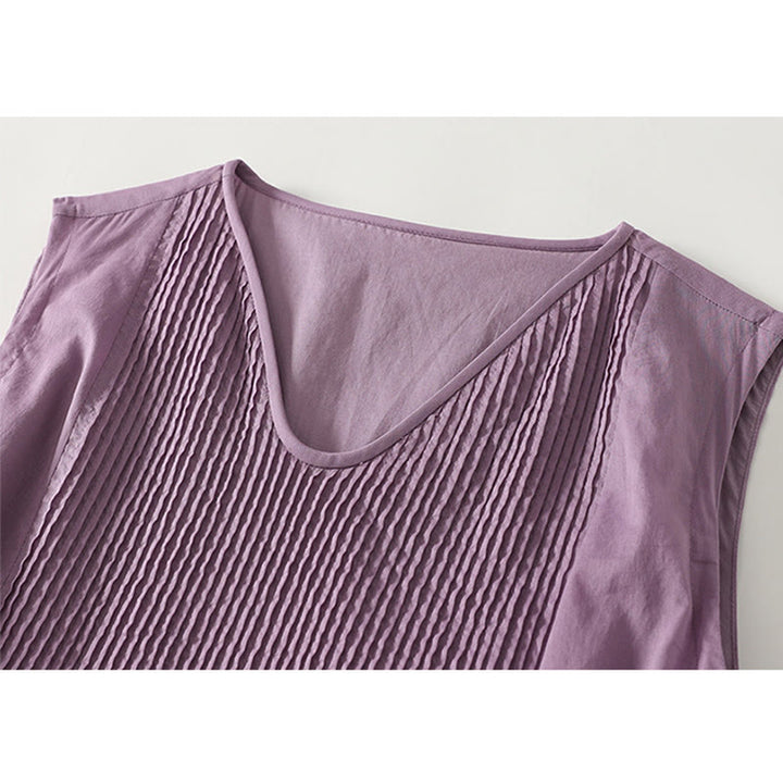 Buddha Stones無地アコーディオンデザイン ノースリーブ コットン ミディドレス ポケット付き - image 2