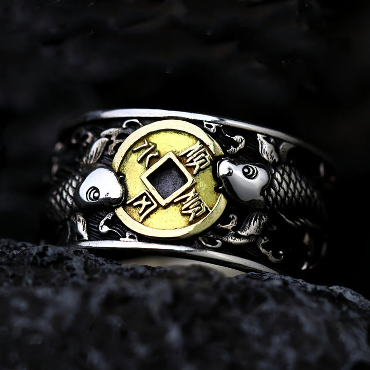 Buddha Stones調節可能な開口部 925スターリングシルバー 幸運の鯉 銅貨 縁起の良い雲 富の指輪 - 8.7～9.0インチ（22.2～22.8cm） - image 0