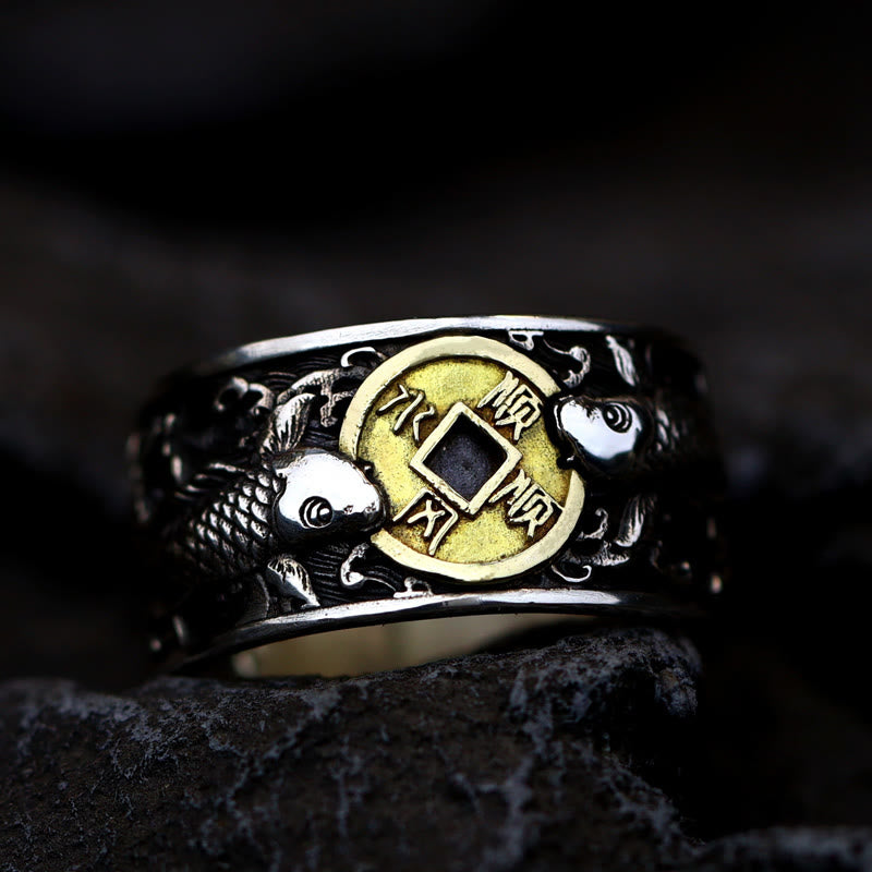 Buddha Stones調節可能な開口部 925スターリングシルバー 幸運の鯉 銅貨 縁起の良い雲 富の指輪 - image 10