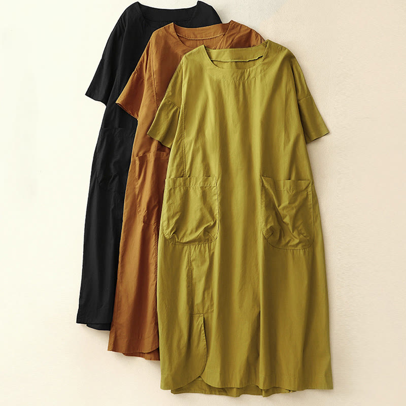 Buddha Stonesサマー 無地 クルーネック シンプル 半袖 デザイン ミディドレス ポケット付き - image 25