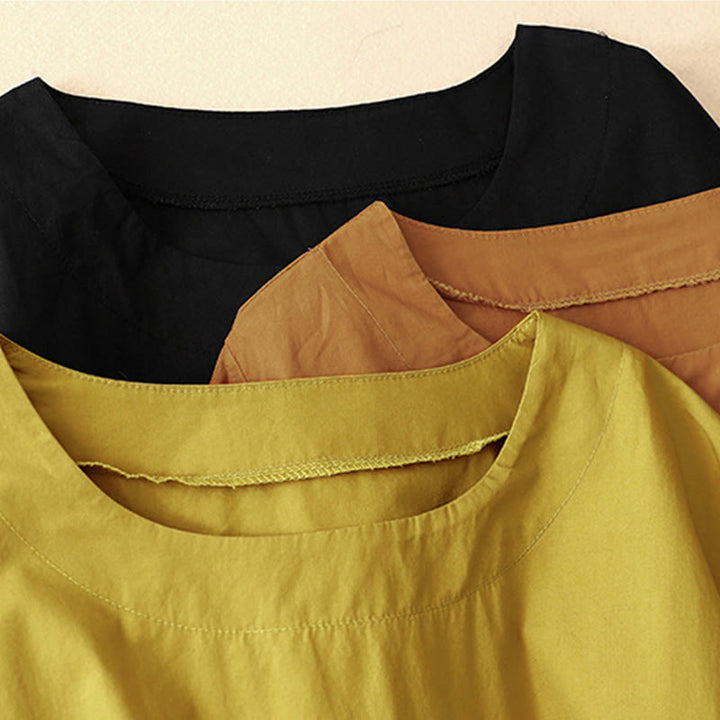 Buddha Stonesサマー 無地 クルーネック シンプル 半袖 デザイン ミディドレス ポケット付き - image 26