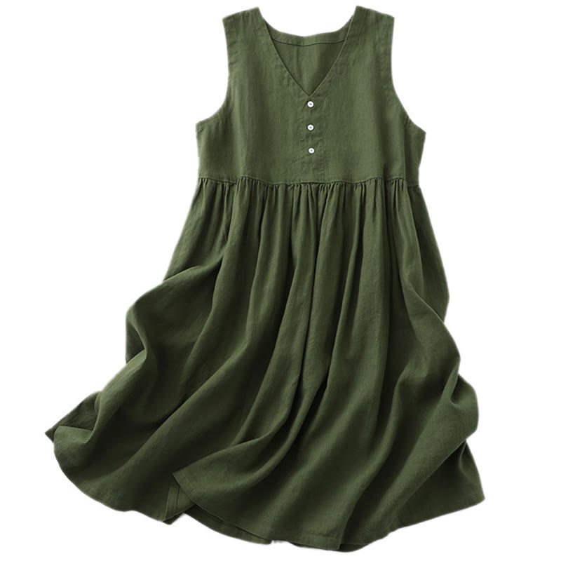 Buddha Stonesデイリーカジュアル ピュアカラー Vネック シンプルボタンデザイン ノースリーブ ミディドレス - image 16