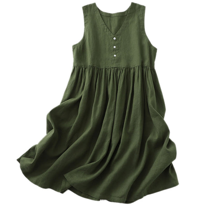 Buddha Stonesデイリーカジュアル ピュアカラー Vネック シンプルボタンデザイン ノースリーブ ミディドレス - image 16