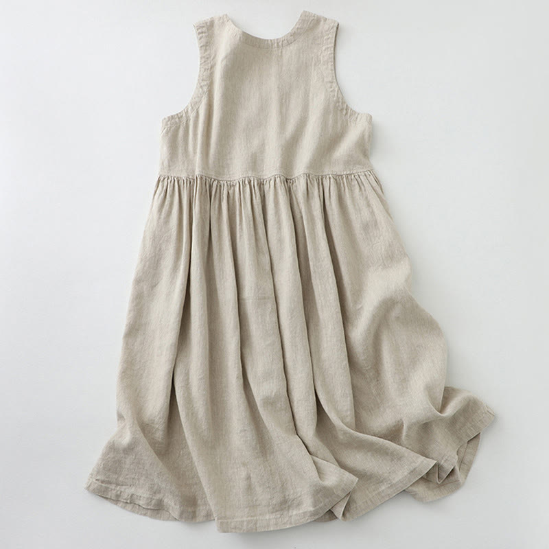 Buddha Stonesデイリーカジュアル ピュアカラー Vネック シンプルボタンデザイン ノースリーブ ミディドレス - image 1