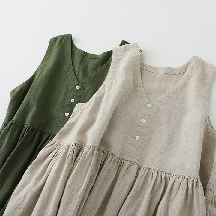 Buddha Stonesデイリーカジュアル ピュアカラー Vネック シンプルボタンデザイン ノースリーブ ミディドレス - image 18
