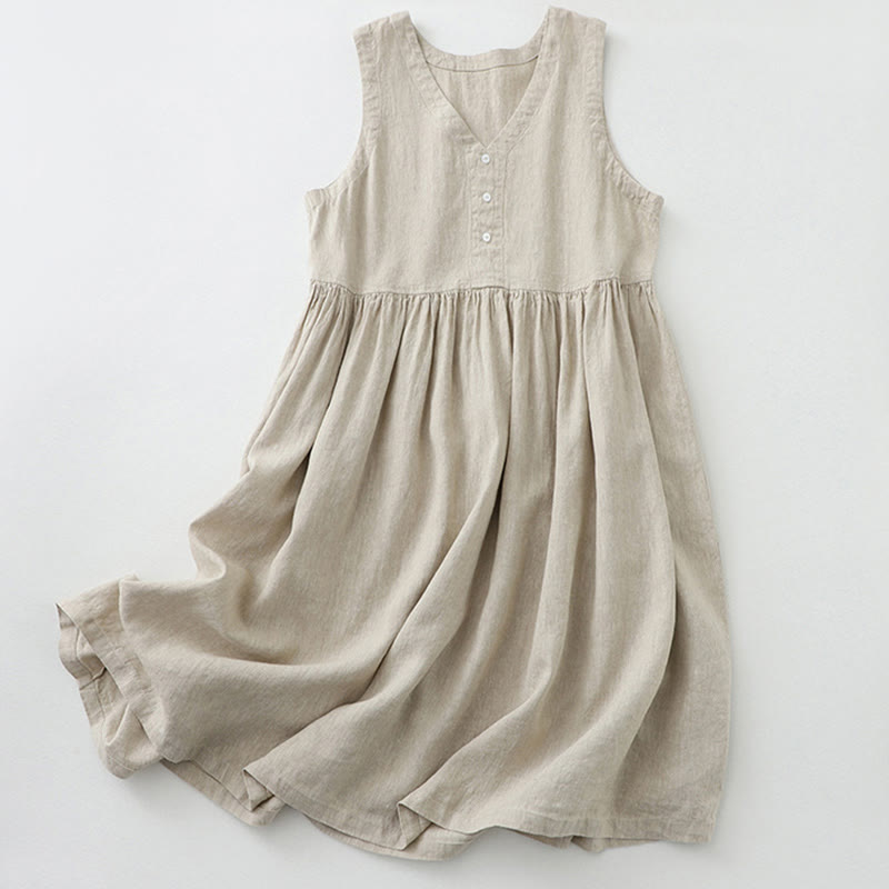Buddha Stonesデイリーカジュアル ピュアカラー Vネック シンプルボタンデザイン ノースリーブ ミディドレス - リネン - US14、 UK/AU18、 EU46 (2XL) - image 0