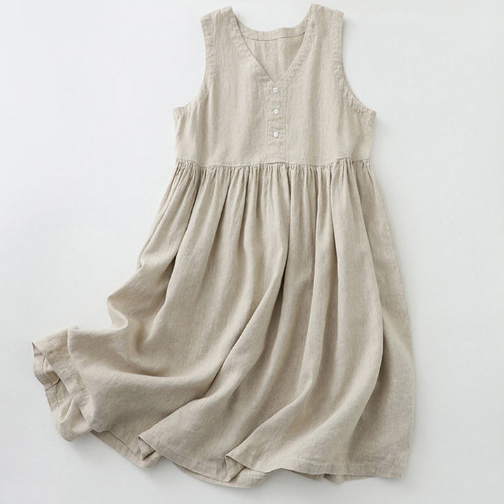 Buddha Stonesデイリーカジュアル ピュアカラー Vネック シンプルボタンデザイン ノースリーブ ミディドレス - リネン - US14、 UK/AU18、 EU46 (2XL) - image 0