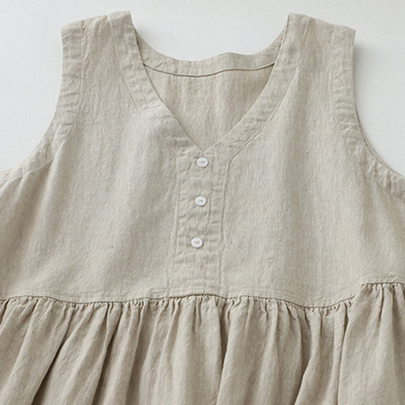 Buddha Stonesデイリーカジュアル ピュアカラー Vネック シンプルボタンデザイン ノースリーブ ミディドレス - image 2
