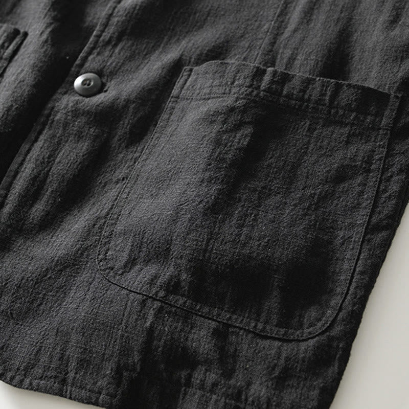 Buddha Stones長袖 ボタンプラケットデザイン メンズ コットンリネン ジャケットシャツ ポケット付き - image 18