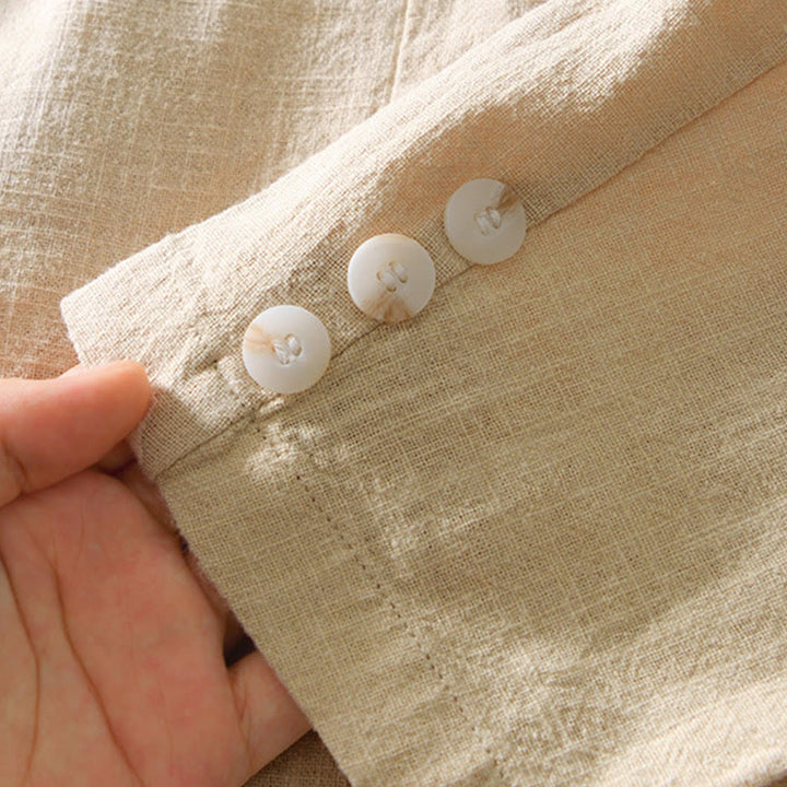 Buddha Stones長袖 ボタンプラケットデザイン メンズ コットンリネン ジャケットシャツ ポケット付き - image 14