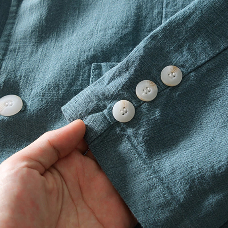 Buddha Stones長袖 ボタンプラケットデザイン メンズ コットンリネン ジャケットシャツ ポケット付き - image 4