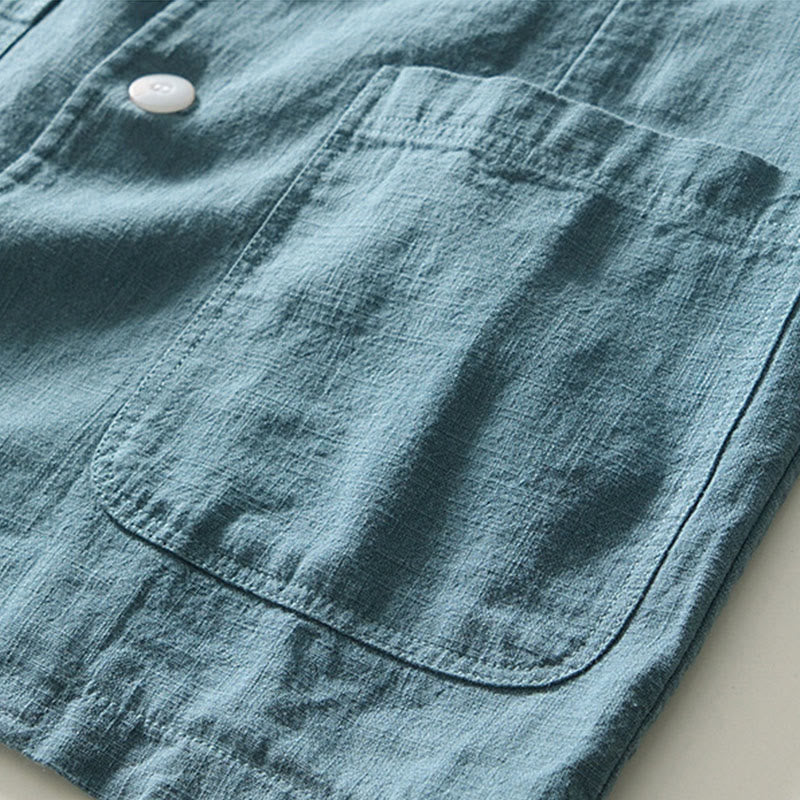 Buddha Stones長袖 ボタンプラケットデザイン メンズ コットンリネン ジャケットシャツ ポケット付き - image 2