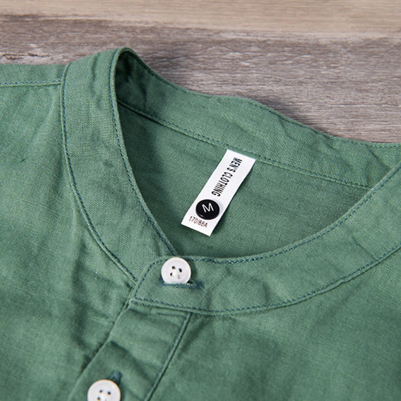 Buddha Stonesデイリー 無地 パッチ カラーマッチングデザイン メンズ 半袖 コットンリネン シャツ - image 5