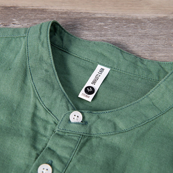 Buddha Stonesデイリー 無地 パッチ カラーマッチングデザイン メンズ 半袖 コットンリネン シャツ - image 5