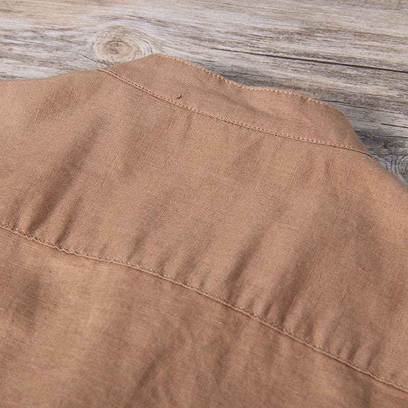 Buddha Stonesデイリー 無地 パッチ カラーマッチングデザイン メンズ 半袖 コットンリネン シャツ - image 11