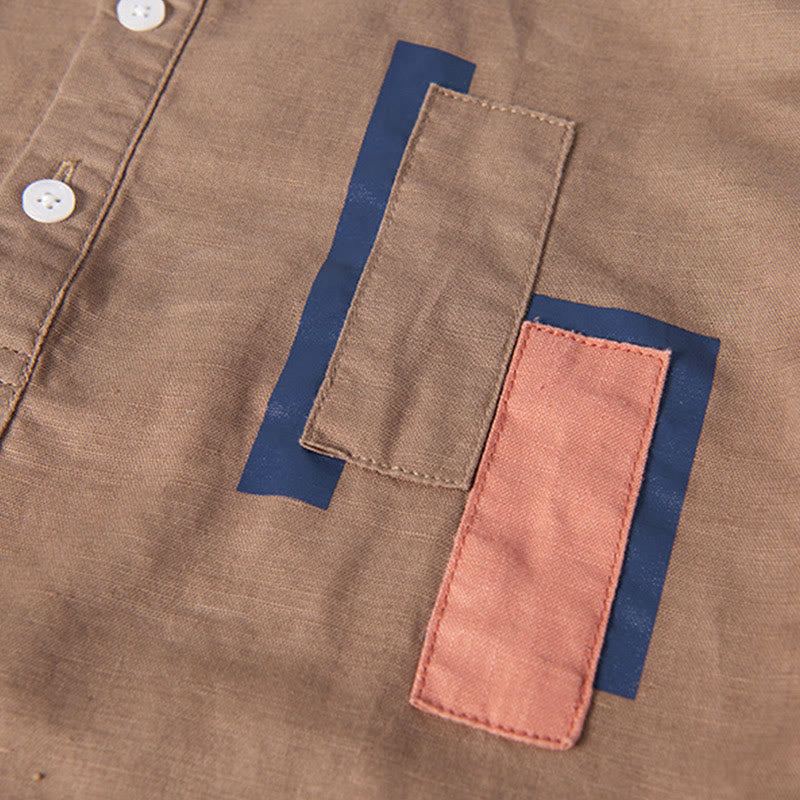 Buddha Stonesデイリー 無地 パッチ カラーマッチングデザイン メンズ 半袖 コットンリネン シャツ - image 12