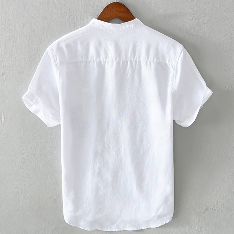 Buddha Stonesデイリー 無地 パッチ カラーマッチングデザイン メンズ 半袖 コットンリネン シャツ - image 2