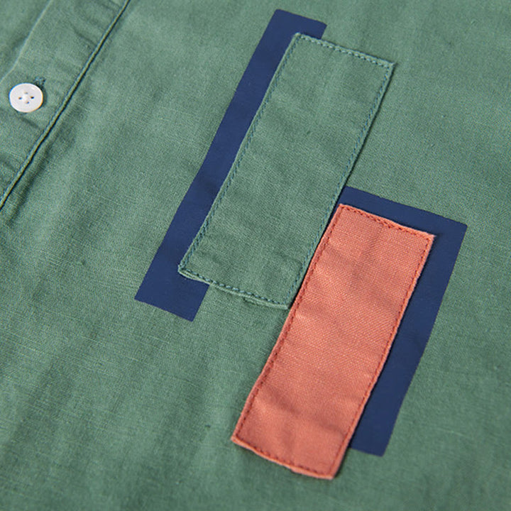 Buddha Stonesデイリー 無地 パッチ カラーマッチングデザイン メンズ 半袖 コットンリネン シャツ - image 6