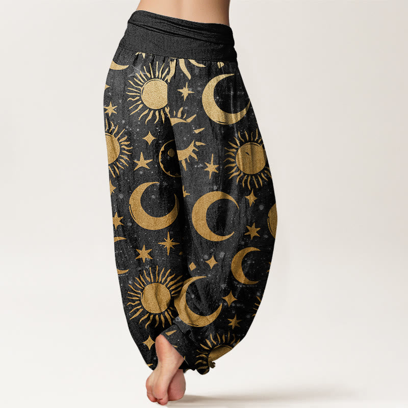 Buddha Stonesコットン三日月太陽星柄デザインレディース伸縮性ウエストハーレムパンツ - image 1