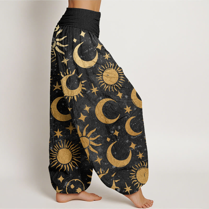 Buddha Stonesコットン三日月太陽星柄デザインレディース伸縮性ウエストハーレムパンツ - image 2