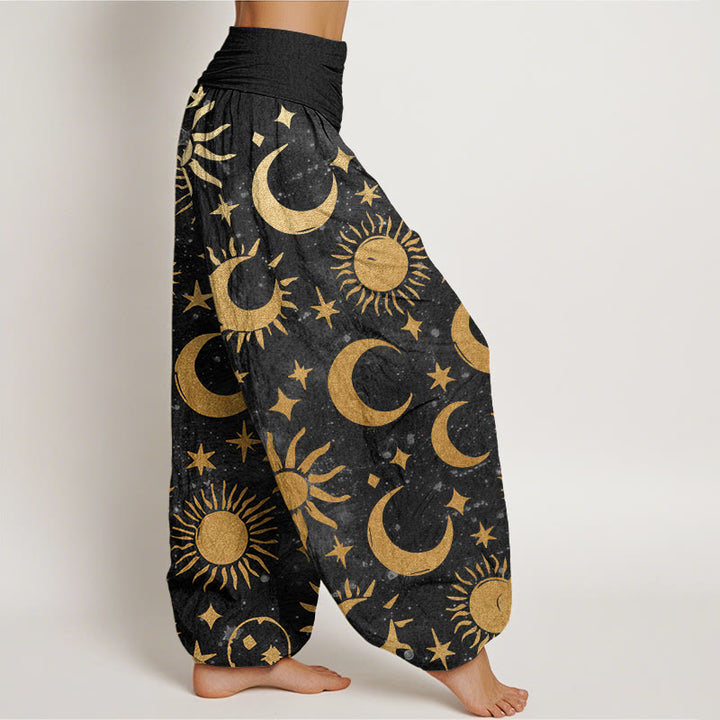 Buddha Stonesコットン三日月太陽星柄デザインレディース伸縮性ウエストハーレムパンツ - image 2