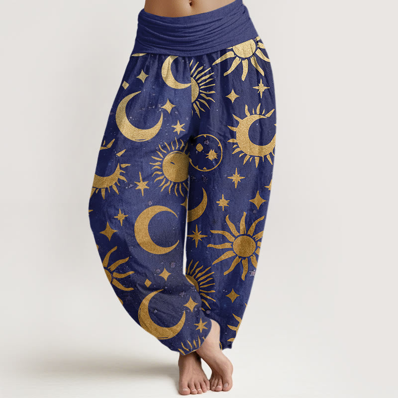 Buddha Stonesコットン三日月太陽星柄デザインレディース伸縮性ウエストハーレムパンツ - スレートブルー - US22、 UK/AU26、 EU54 (6XL) - image 4