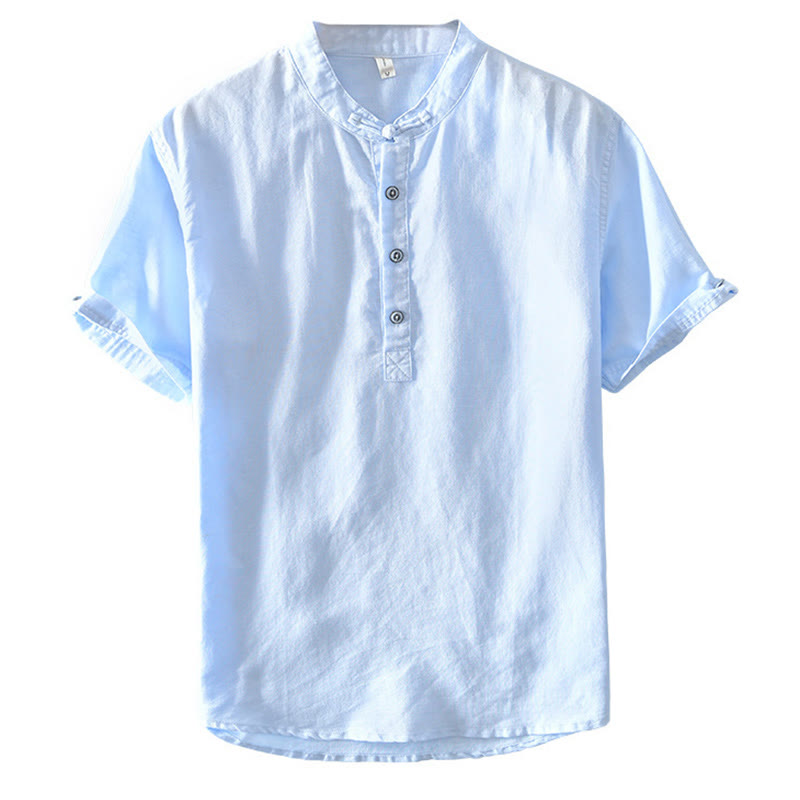 Buddha Stones無地ハーフボタンデザインスタンドカラーメンズ半袖コットンリネンシャツ - image 22