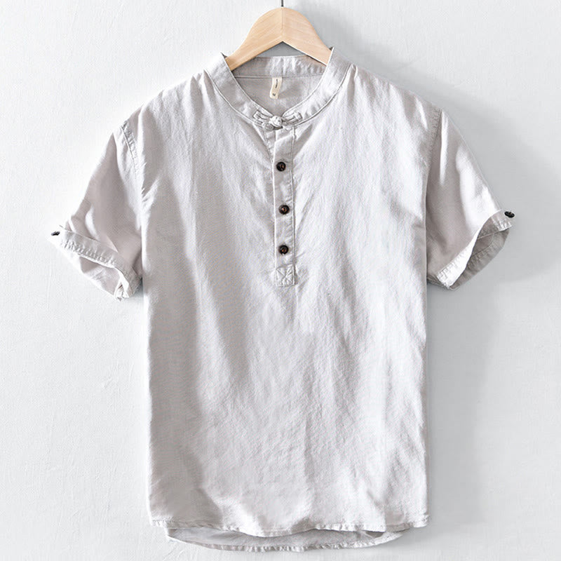 Buddha Stones無地ハーフボタンデザインスタンドカラーメンズ半袖コットンリネンシャツ - リネン - US/UK/AU46、 EU56 (5XL) - image 0