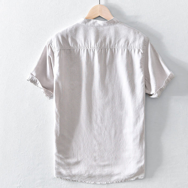 Buddha Stones無地ハーフボタンデザインスタンドカラーメンズ半袖コットンリネンシャツ - image 1