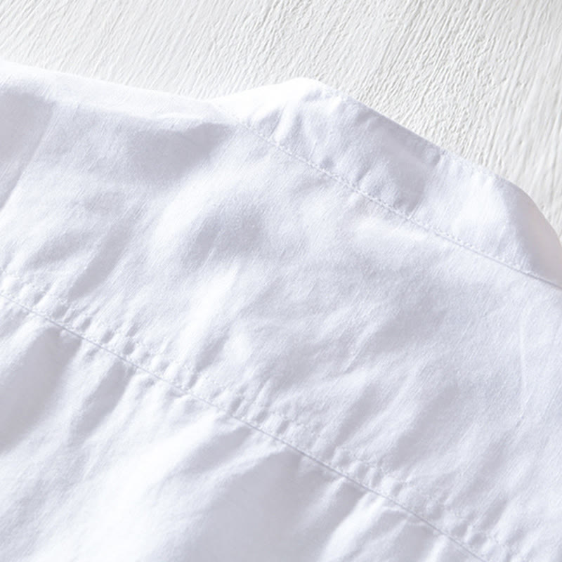 Buddha Stones無地ハーフボタンデザインスタンドカラーメンズ半袖コットンリネンシャツ - image 7