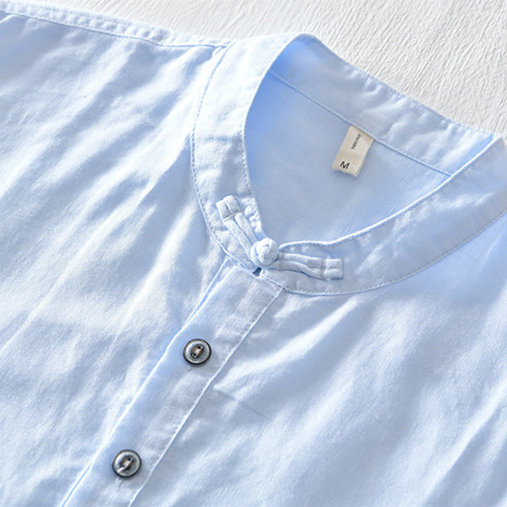 Buddha Stones無地ハーフボタンデザインスタンドカラーメンズ半袖コットンリネンシャツ - image 19