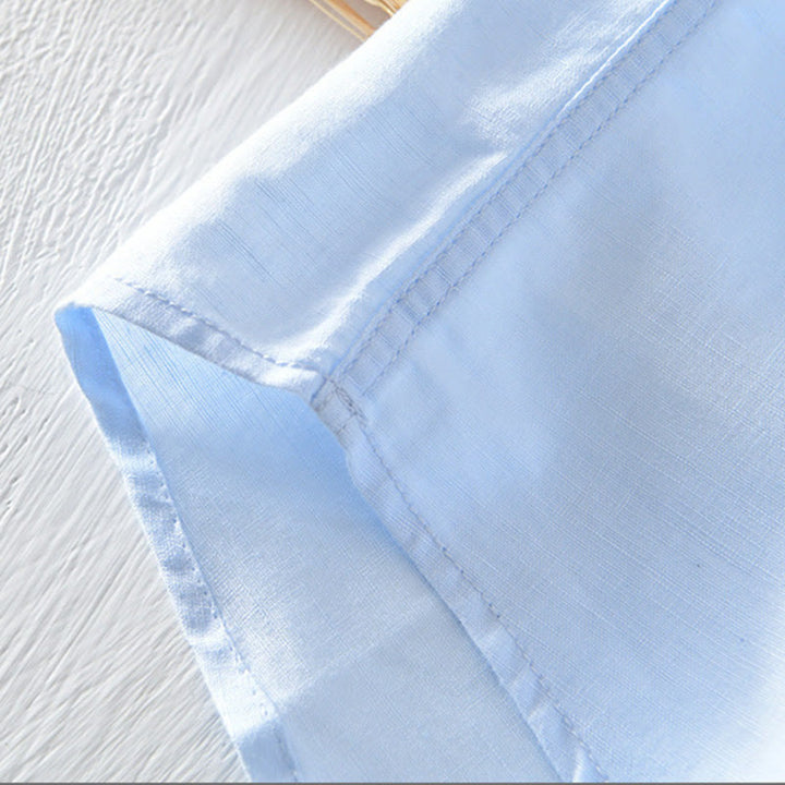 Buddha Stones無地ハーフボタンデザインスタンドカラーメンズ半袖コットンリネンシャツ - image 20