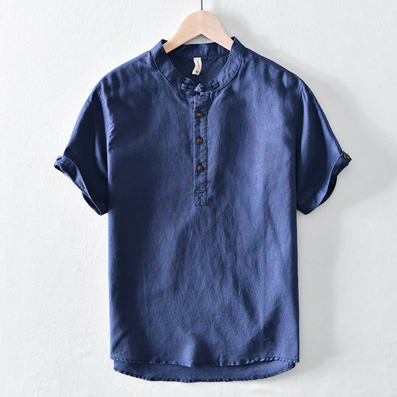 Buddha Stones無地ハーフボタンデザインスタンドカラーメンズ半袖コットンリネンシャツ - 海軍 - US/UK/AU46、 EU56 (5XL) - image 10