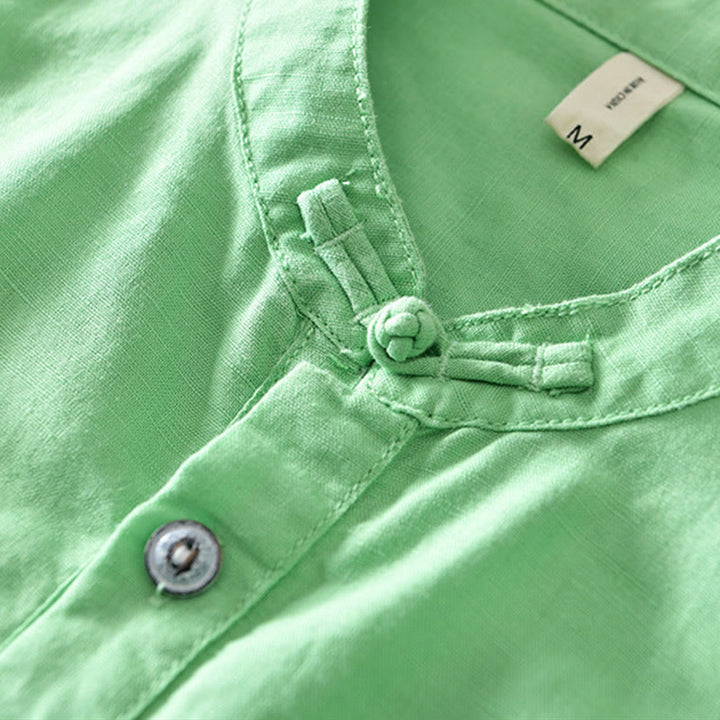 Buddha Stones無地ハーフボタンデザインスタンドカラーメンズ半袖コットンリネンシャツ - image 16