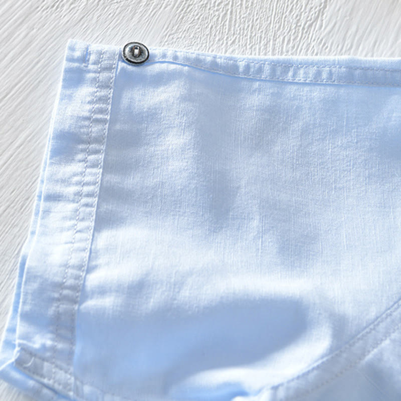 Buddha Stones無地ハーフボタンデザインスタンドカラーメンズ半袖コットンリネンシャツ - image 21