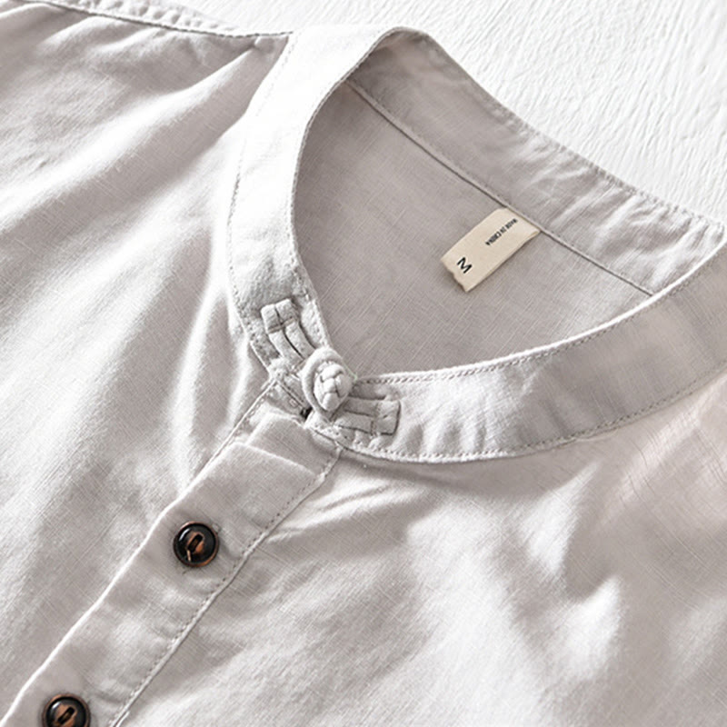 Buddha Stones無地ハーフボタンデザインスタンドカラーメンズ半袖コットンリネンシャツ - image 2