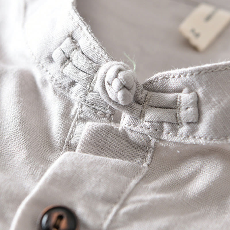 Buddha Stones無地ハーフボタンデザインスタンドカラーメンズ半袖コットンリネンシャツ - image 4