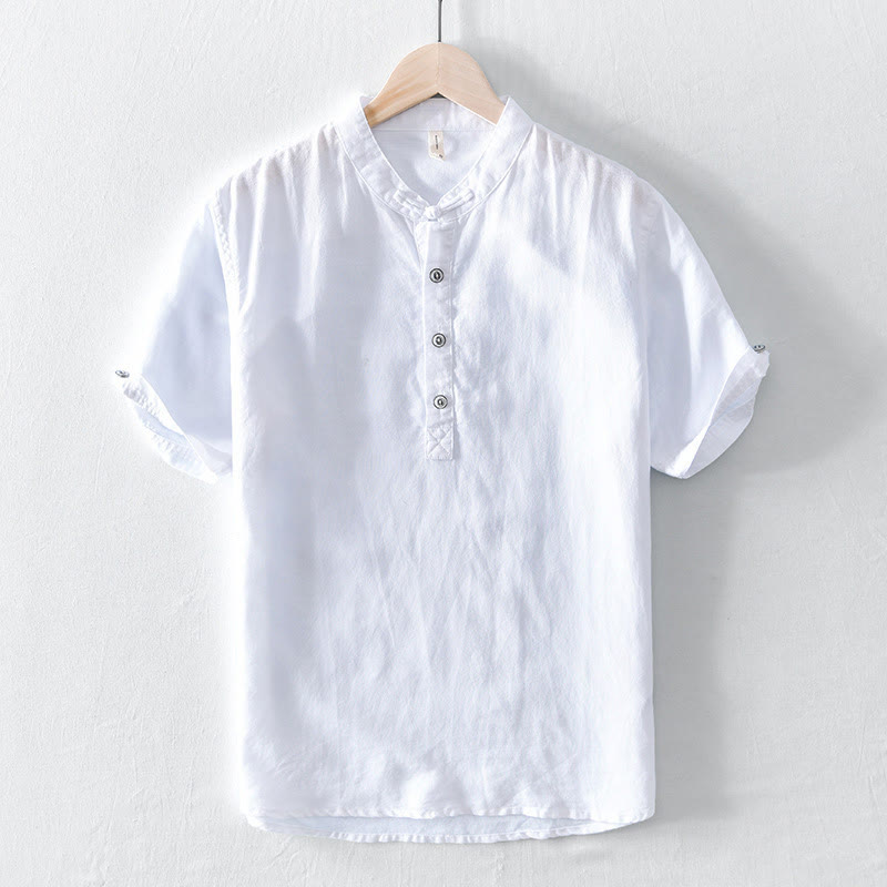Buddha Stones無地ハーフボタンデザインスタンドカラーメンズ半袖コットンリネンシャツ - 白 - US/UK/AU46、 EU56 (5XL) - image 5