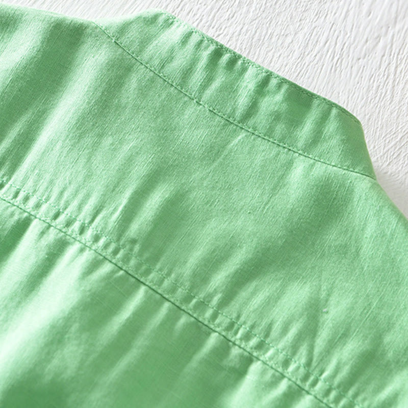 Buddha Stones無地ハーフボタンデザインスタンドカラーメンズ半袖コットンリネンシャツ - image 15