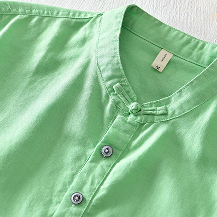 Buddha Stones無地ハーフボタンデザインスタンドカラーメンズ半袖コットンリネンシャツ - image 14