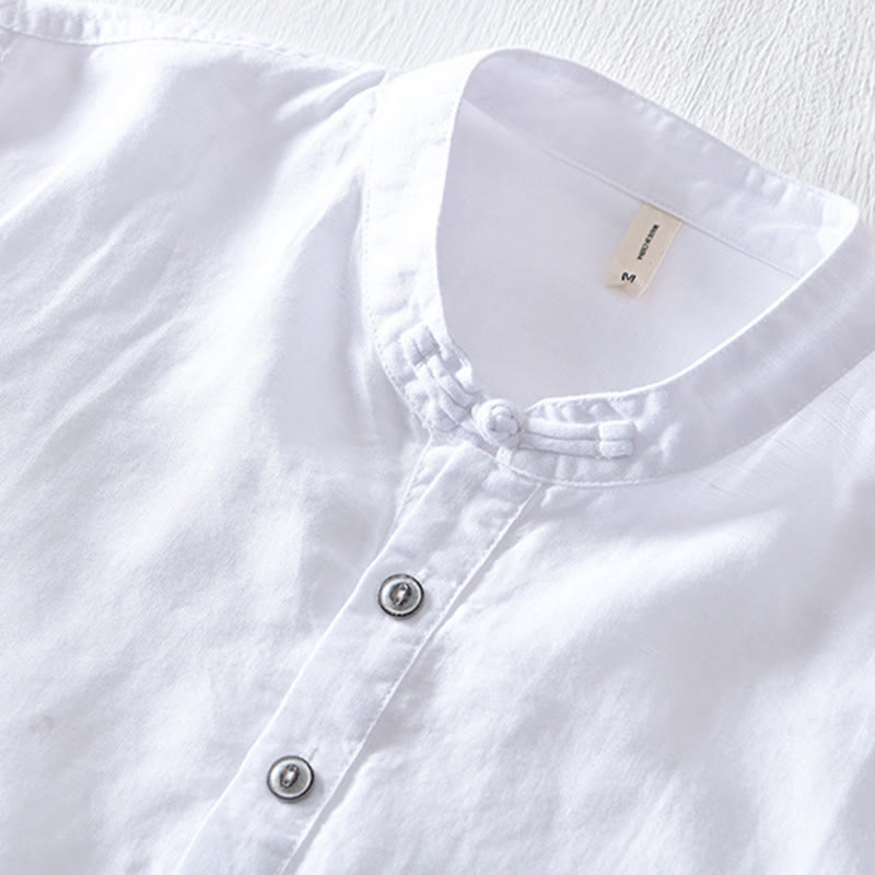 Buddha Stones無地ハーフボタンデザインスタンドカラーメンズ半袖コットンリネンシャツ - image 6