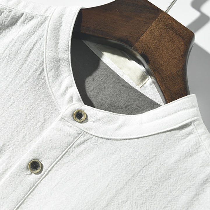 Buddha Stonesカラーコントラスト ハーフボタン メンズ 半袖 コットンリネン シャツ ポケット付き - image 2