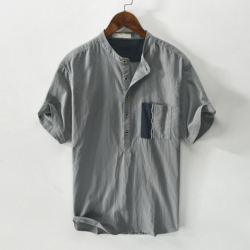 Buddha Stonesカラーコントラスト ハーフボタン メンズ 半袖 コットンリネン シャツ ポケット付き - グレー - US/UK/AU42、 EU52 (3XL) - image 7