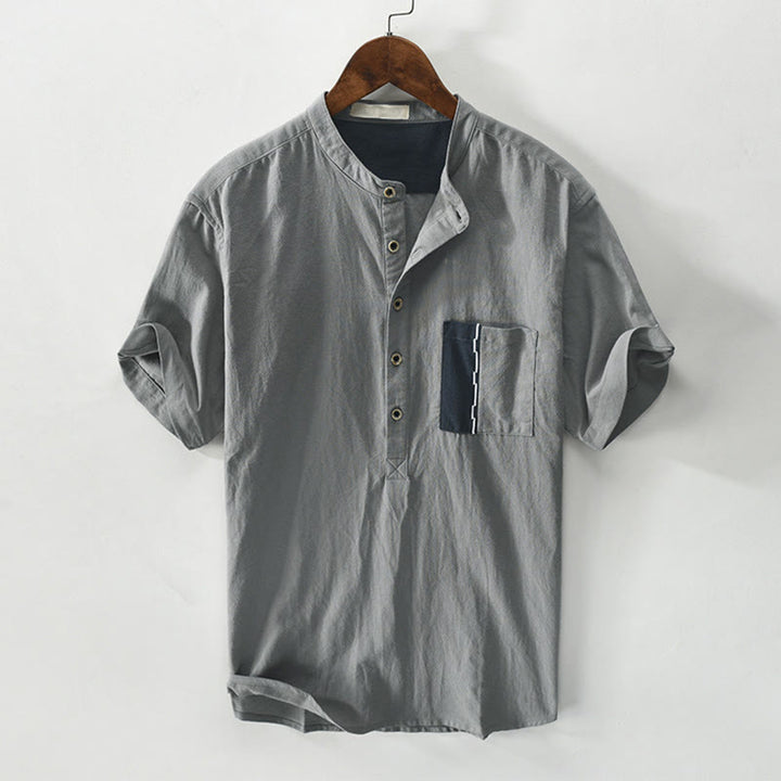 Buddha Stonesカラーコントラスト ハーフボタン メンズ 半袖 コットンリネン シャツ ポケット付き - グレー - US/UK/AU42、 EU52 (3XL) - image 7