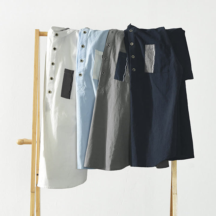 Buddha Stonesカラーコントラスト ハーフボタン メンズ 半袖 コットンリネン シャツ ポケット付き - image 16