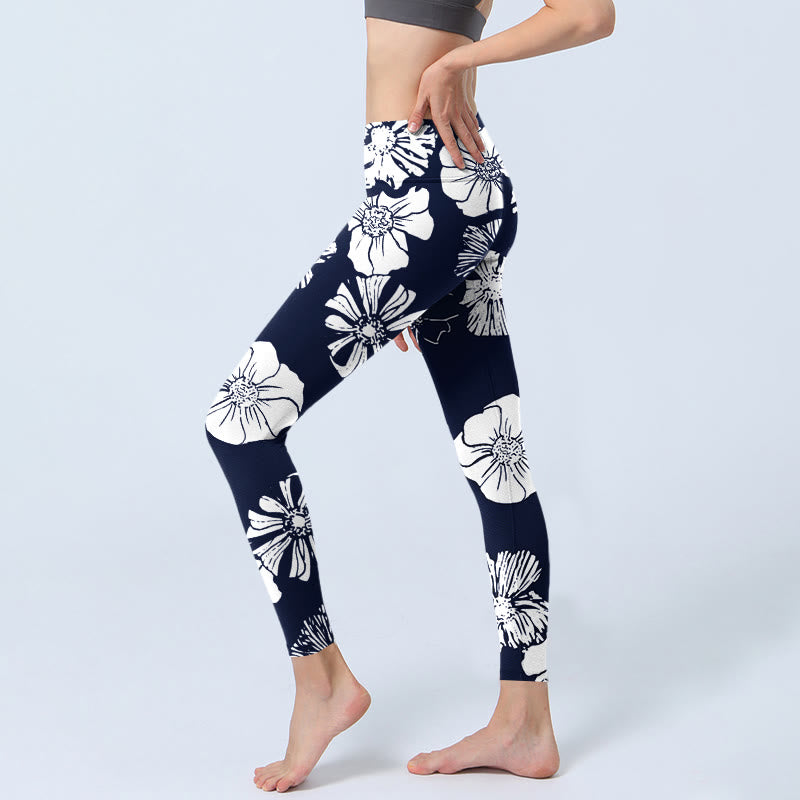 Buddha Stonesと大きな白い花びらの植物柄プリントのジムレギンス レディース ヨガパンツ - image 3