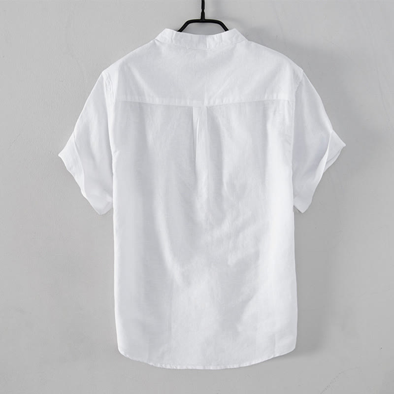 Buddha Stonesカジュアル デイリー シンプル ボタンデザイン スタンドカラー メンズ 半袖 コットンリネン シャツ フロントポケット付き - image 2