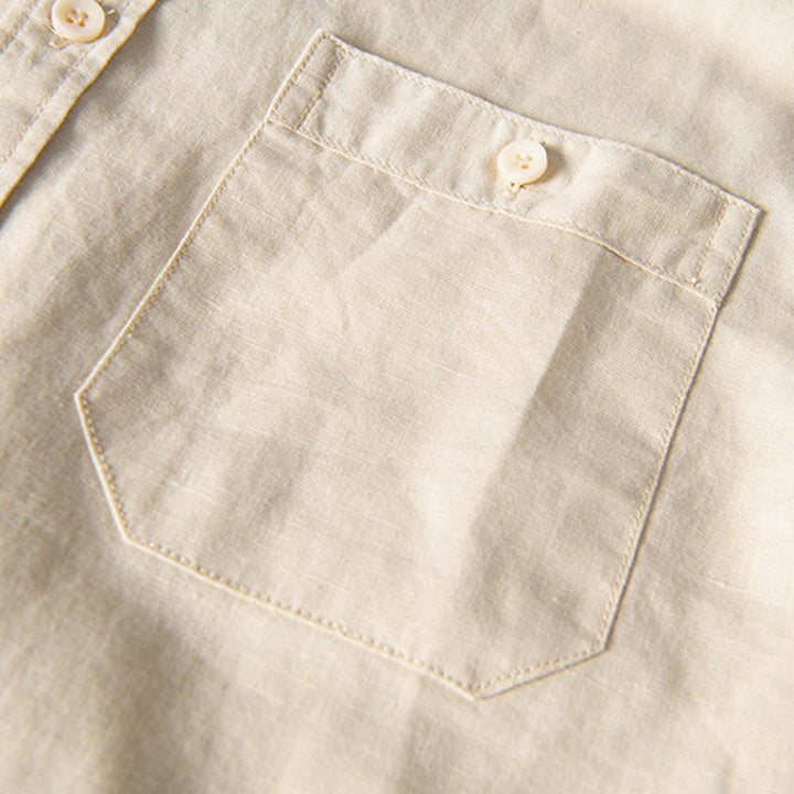 Buddha Stonesカジュアル デイリー シンプル ボタンデザイン スタンドカラー メンズ 半袖 コットンリネン シャツ フロントポケット付き - image 13