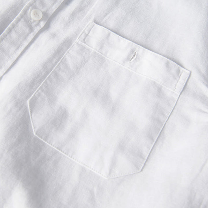 Buddha Stonesカジュアル デイリー シンプル ボタンデザイン スタンドカラー メンズ 半袖 コットンリネン シャツ フロントポケット付き - image 5